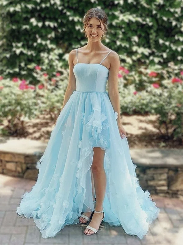 High Low Light Blue Floral Long Prom Dresses, High Low Blue Formal Evening Dresses Designer floral dresses