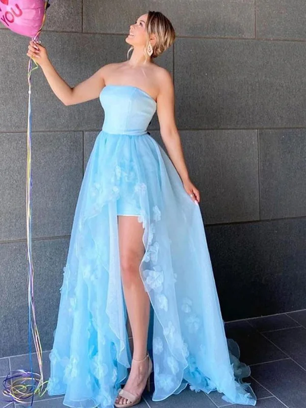 High Low Strapless Light Blue Floral Long Prom Dresses with Slit, High Slit Light Blue Formal Evening Dresses Floral dresses under $100