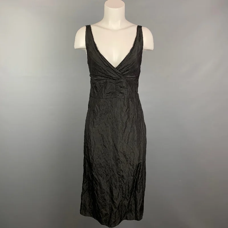 JIGSAW Size 12 Black Wrinkled Acetate A-Line V-neck Blend Dress Neutral tone unclassified dresses