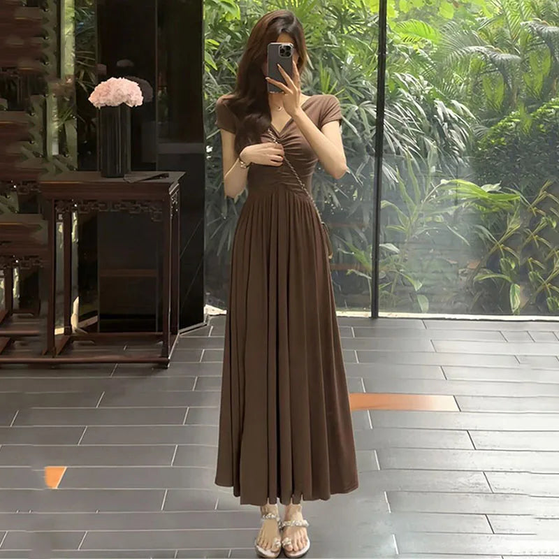 Korean V-Neck A-Line Mid-Calf Dress for Women Summer Chic Stylish unclassified dresses