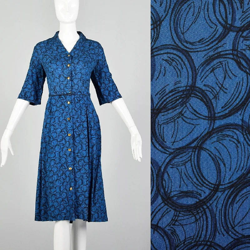 Large 1950s Blue Geometric Print Day Dress Organza floral dresses