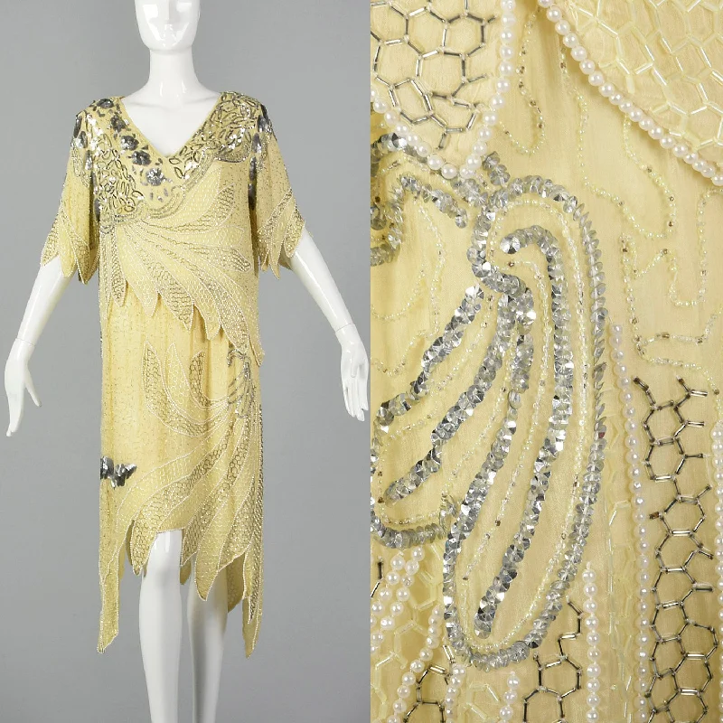 Large 1980s Beaded Two Piece Flapper Style Dress Neutral tone unclassified dresses