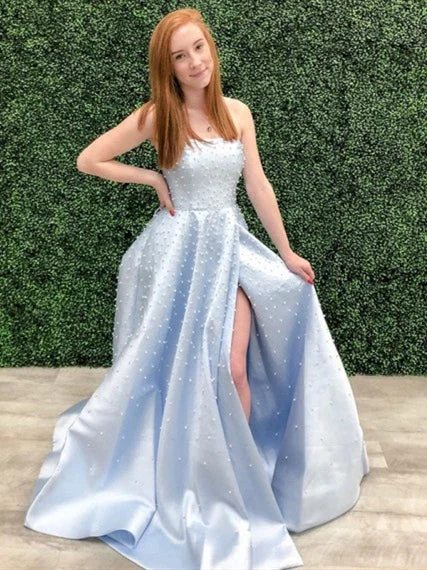 Light Blue Satin Beaded Prom Dresses, Lovely Prom Dresses, Side Slit Prom Dresses, 2020 Prom Dresses High-end unclassified dresses