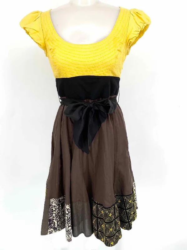 Lithe Women's Brown/Yellow Empire Cotton Size 2 Dress Winter unclassified dresses