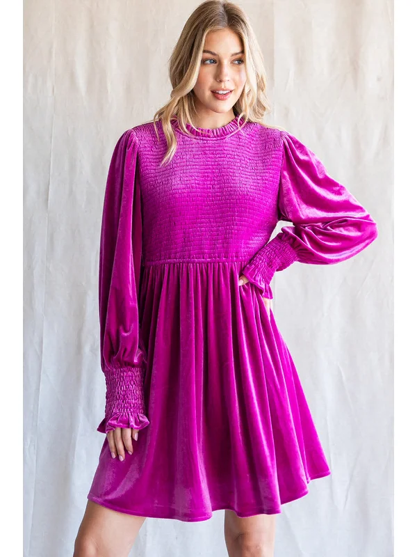 Magenta Smocked Velvet Dress with Frilled Neck Fall unclassified dresses