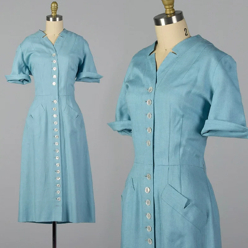 Medium 1940s Linen Day Dress with Button Front Gothic unclassified dresses