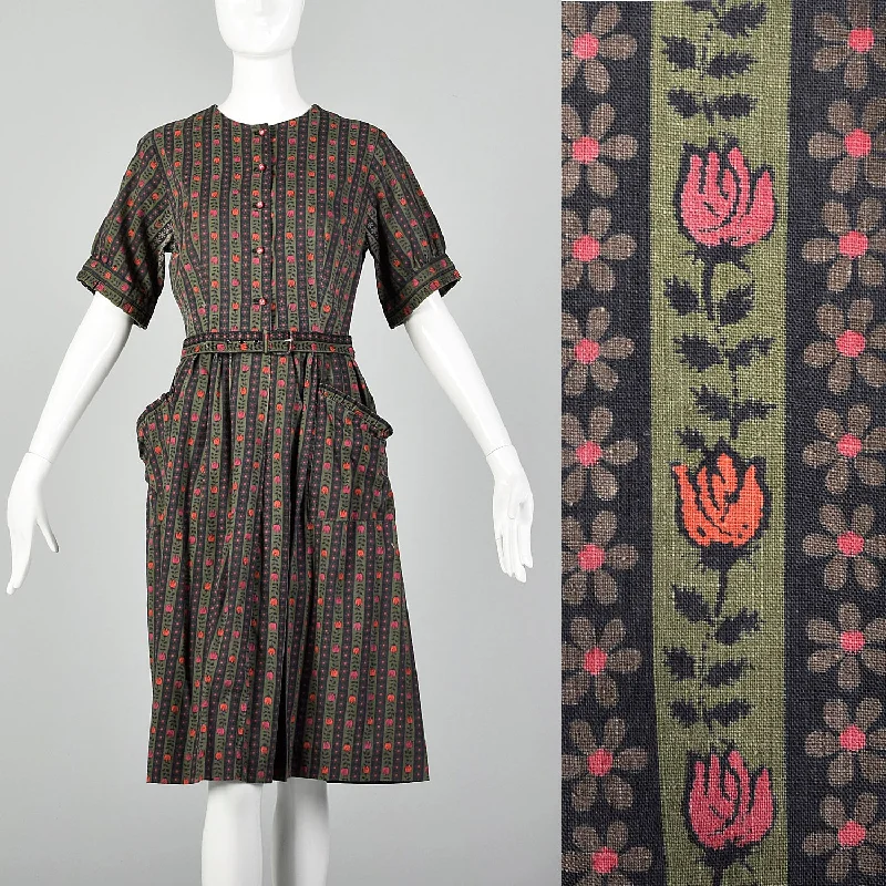 Medium 1950s Green Novelty Tulip Print Day Dress Flattering floral dresses for all body types