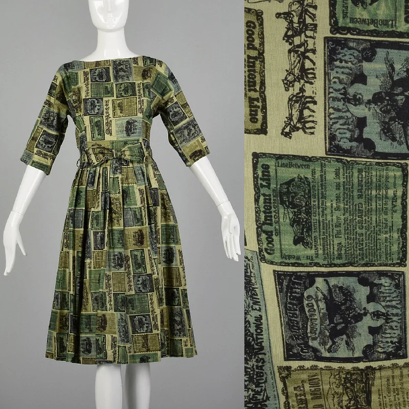 Medium 1950s Green Wild West Novelty Print Day Dress Silk floral dresses