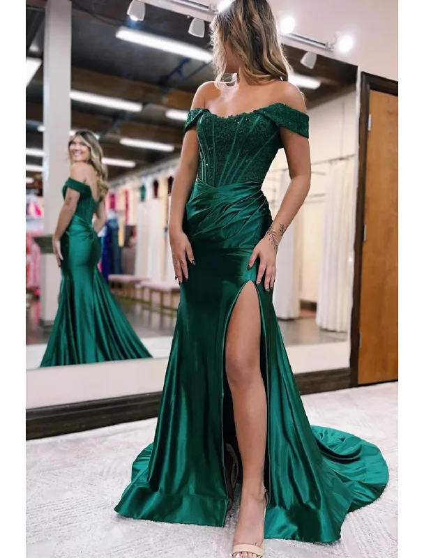 Mermaid / Trumpet Evening Gown Empire Dress Formal Court Train Sleeveless Off Shoulder Imitation Silk with Slit Appliques Mesh unclassified dresses