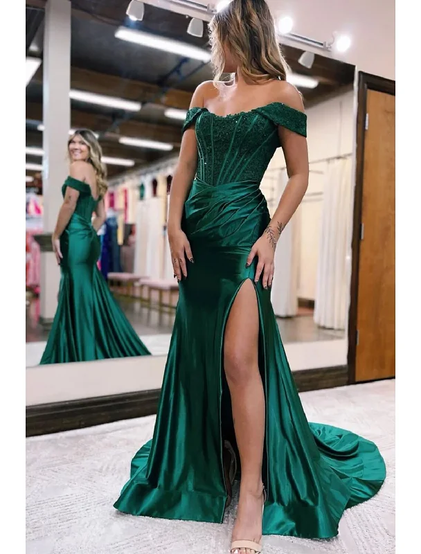 Mermaid / Trumpet Evening Gown Empire Dress Formal Prom Court Train Sleeveless Off Shoulder Imitation Silk with Slit Appliques Fashionable unclassified dresses