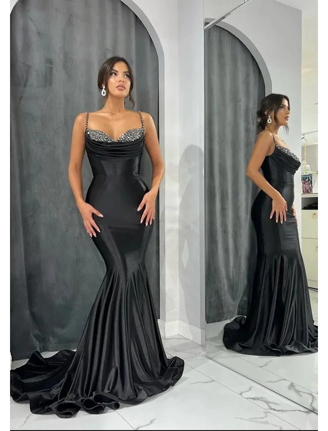 Mermaid / Trumpet Evening Gown Open Back Dress Formal Evening Black Tie Gala Court Train Sleeveless Sweetheart Satin with Glitter Crystals Open-back unclassified dresses