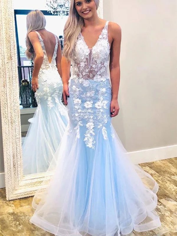 Mermaid V Neck Lace Appliques Floral Long Blue Prom Dresses, Mermaid Lace Blue Formal Dresses, Floral Blue Eveing Dresses Designer floral dresses