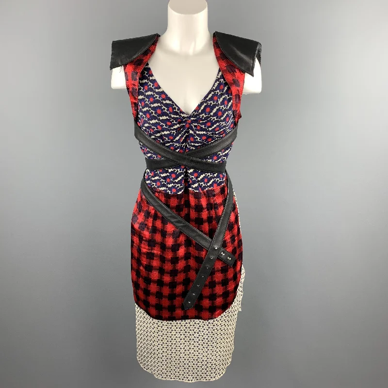 MICHEL KLEIN Size S Multi-Color Patchwork Mixed Fabrics Silk Belted Sheath Dress Bright color unclassified dresses