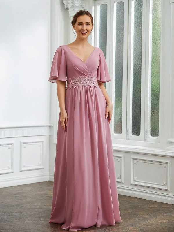 Mother of the Bride Dresses A-Line Chiffon Ruched V-neck 1/2 Sleeves Floor-Length Long sleeve unclassified dresses