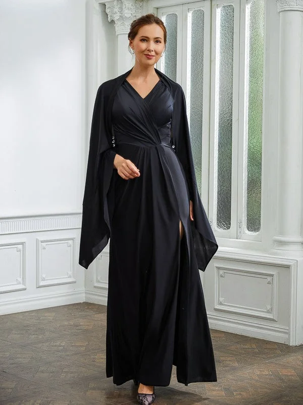 Mother of the Bride Dresses Column Jersey Ruched V neck Sleeveless Floor-Length Velvet unclassified dresses