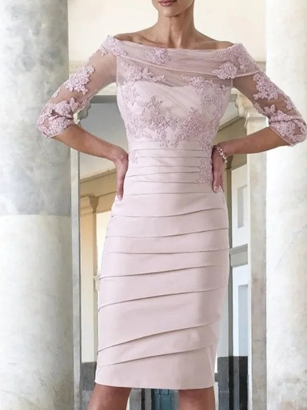 Mother of the Bride Dresses Column Satin Applique 3/4 Sleeves Knee Length Long unclassified dresses