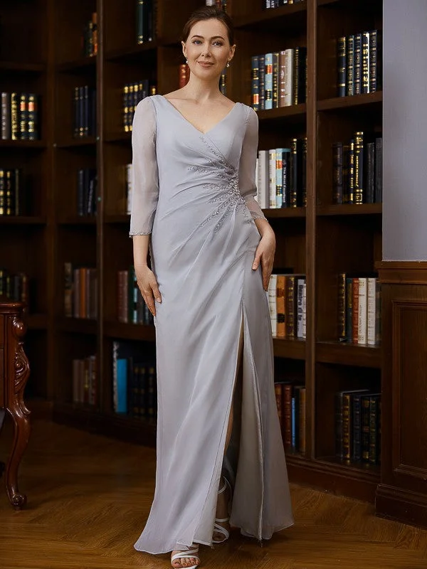 Mother of the Bride Dresses Sheath Chiffon Beading V-neck 3/4 Sleeves Floor-Length Graduation unclassified dresses