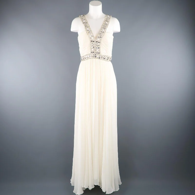 NAEEM KHAN Size M Cream Silk Crepe Chiffon Rhinestone Beaded Strap Dress / Gown Stylish unclassified dresses