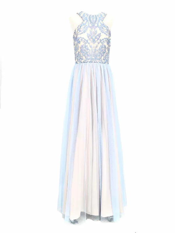 Nightway Women's Blue/Beige High Neck Embroidered Prom Size 6 Gown Embroidered unclassified dresses