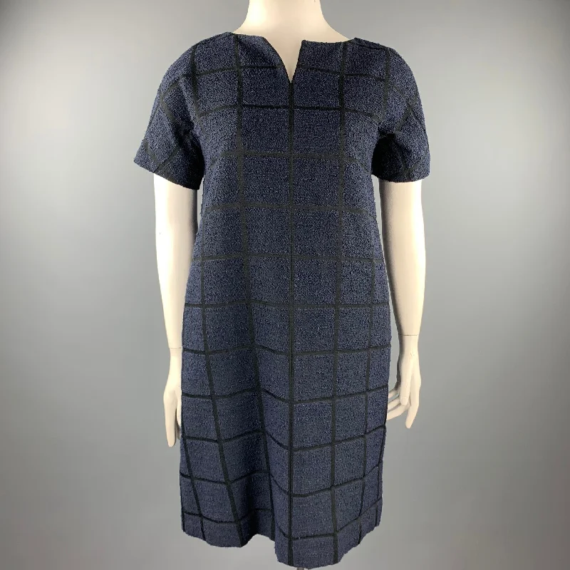 NOOY Size L Black & Navy Textured Windowpane Cotton Blend Shift Dress Boho unclassified dresses