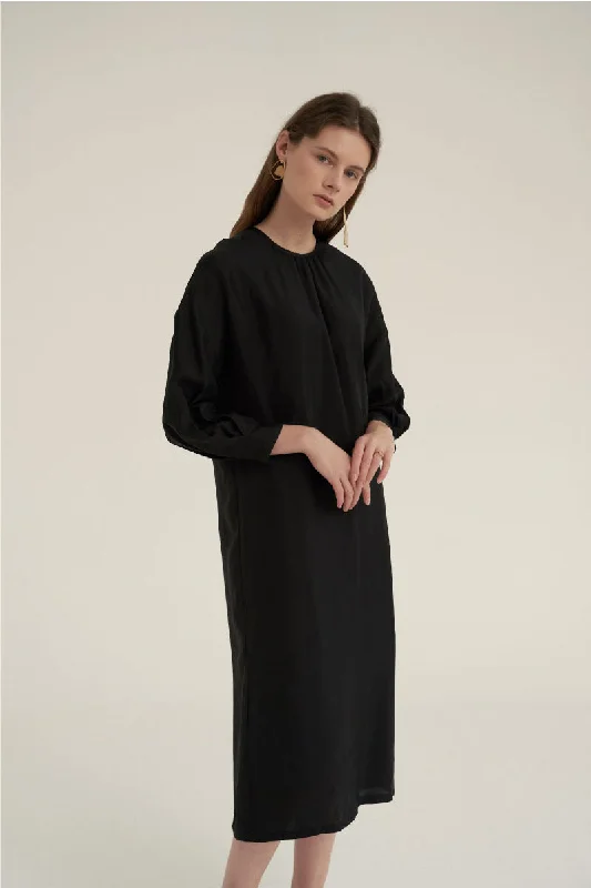 Shirring Neck Comfort Dress Black Festival unclassified dresses