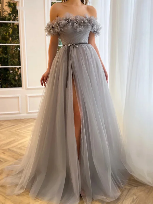 Off Shoulder Gray Tulle Floral Long Prom Dresses with High Slit, Grey Tulle Formal Dresses, Off the Shoulder Gray Evening Dresses SP2579 Best floral dresses for hourglass body shape