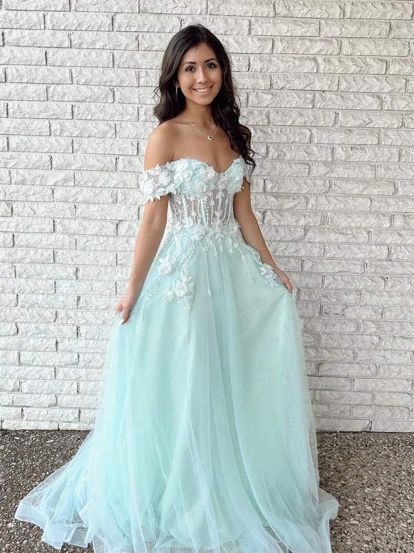 Off Shoulder Mint Green Tulle Lace Floral Long Prom Dresses, Mint Green Formal Graduation Evening Dresses with Appliques SP2208 Brunch floral dresses