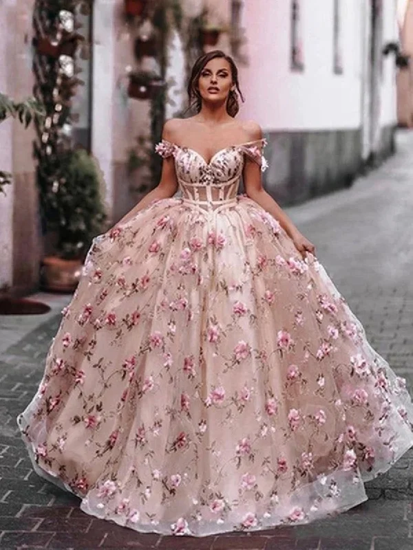 Off Shoulder Pink Floral Long Prom Dresses, Off the Shoulder Pink Formal Dresses, Pink Evening Dresses Comfortable floral dresses for everyday wear