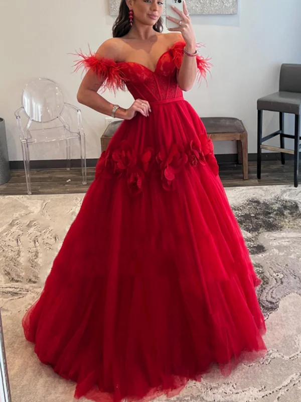 Off Shoulder Red Tulle Floral Long Prom Dresses, Off the Shoulder Formal Evening Dresses, Red Ball Gown SP2631 Wedding guest floral dresses