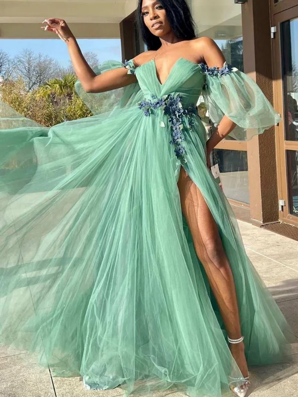 Off Shoulder V Neck Green Tulle Floral Long Prom Dresses with High Slit, Long Green Formal Graduation Evening Dresses SP2640 Lace floral dresses