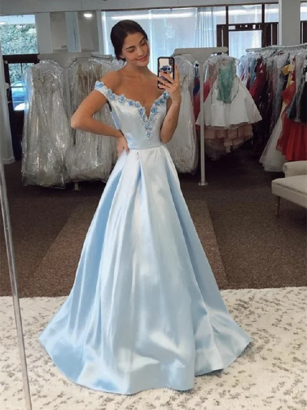 Off the Shoulder Light Blue Satin Prom Dresses, A-line Prom Dresses, 2021 Prom Dresses, Cheap Prom Dresses, Popular Prom Dresses Budget-friendly unclassified dresses