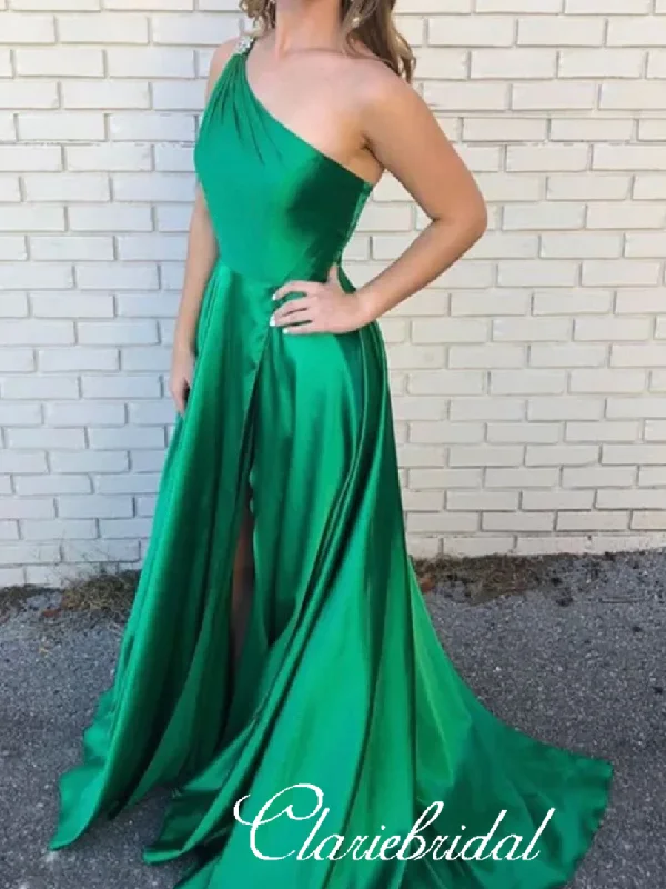 One Shoulder Green Satin Prom Dresses, Beaded Lovely Prom Dresses, Prom Dresses Tiered unclassified dresses