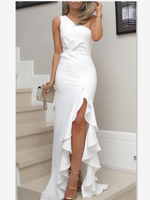 One Shoulder Sheath Ivory Jersey Prom Dresses, Side Slit Prom Dresses, Prom Dresses Bright color unclassified dresses