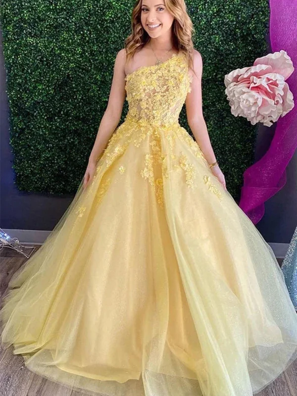 One Shoulder Yellow Lace Floral Long Prom Dresses, Yellow Tulle Lace Formal Dresses, Yellow Evening Dresses SP2284 PrettyLittleThing floral dresses