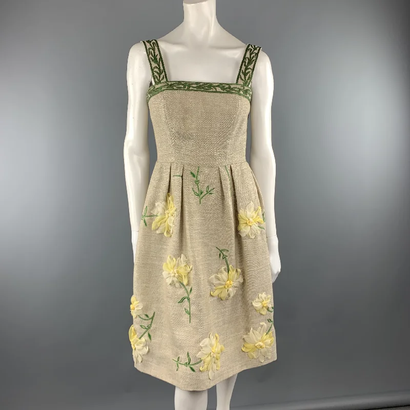 OSCAR DE LA RENTA Size 0 Taupe Woven Yellow Silk Flower Fit Flair Dress Sleeveless unclassified dresses