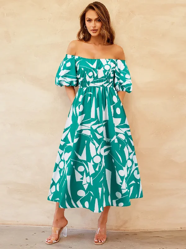 Printed Off-Shoulder Balloon Sleeve Dress Girls' floral dresses