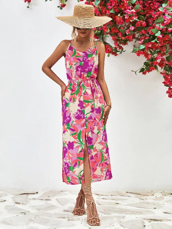 Printed Spaghetti Strap Front Slit Dress Sexy floral print dresses