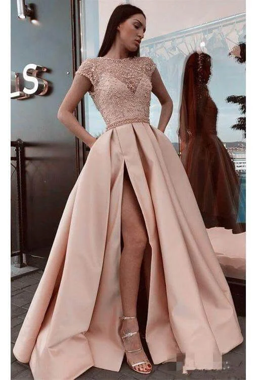 Prom Dresses A Line Stunning Satin Beads Cap Sleeves with High Slit Pockets Trendy new unclassified dresses