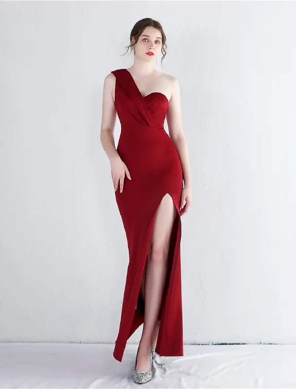 Prom Dresses Elegant Dress Formal Floor Length Sleeveless One Shoulder Polyester with Slit Ruched unclassified dresses