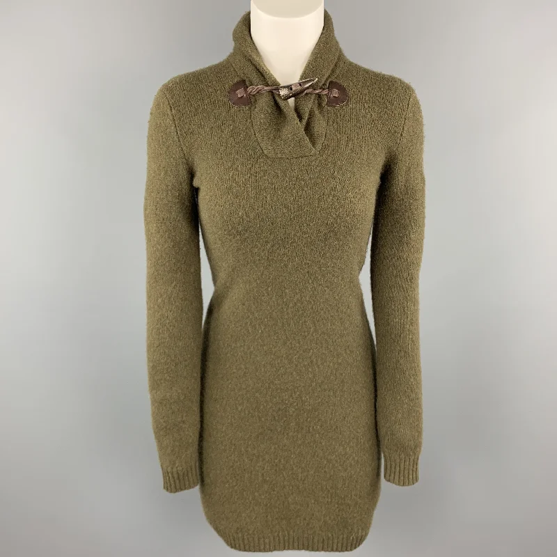 RALPH LAUREN Size S Olive Wool / Cashmere Knit Toggle Shawl Collar Dress Mesh unclassified dresses