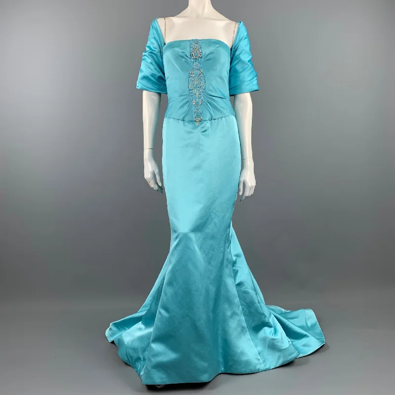 REEM ACRA Size M Blue Silk Strapless Beaded Gown & Bolero Shrug Wedding guest unclassified dresses