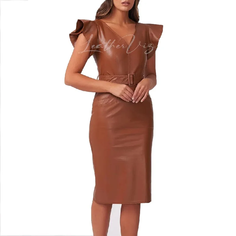 RUFFLE EDGE SHOULDERS WOMEN LEATHER DRESS Embroidered unclassified dresses