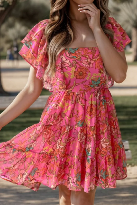 Ruffled Printed Square Neck Dress Chiffon floral dresses