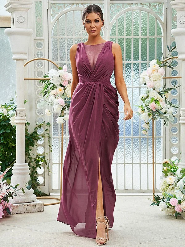 Sheath/Column Chiffon Ruched Scoop Sleeveless Floor-Length Bridesmaid Dresses Bodycon unclassified dresses