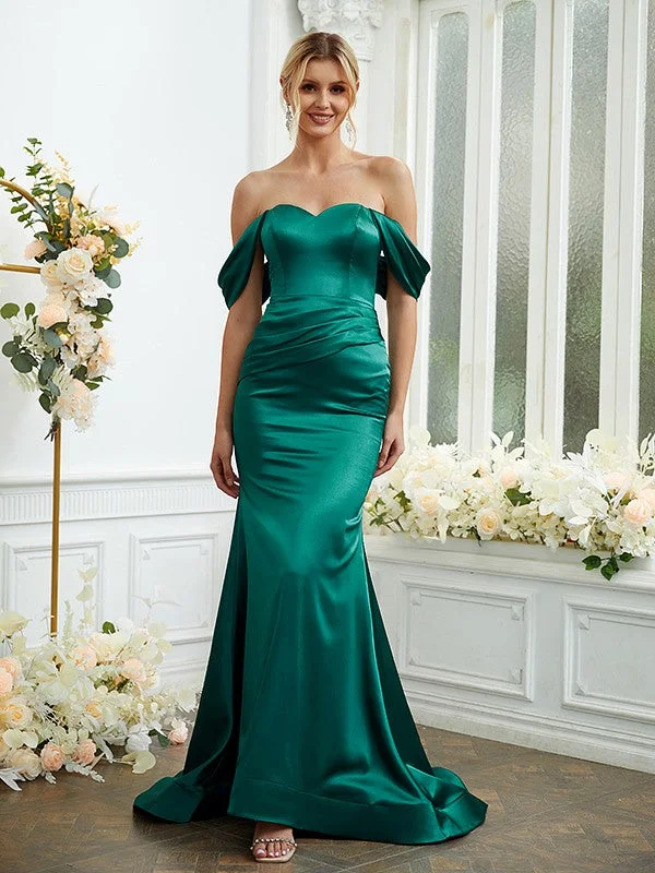 Sheath/Column  Woven Satin Ruched Off-the-Shoulder Sleeveless Sweep/Brush Train Bridesmaid Dresses One-shoulder unclassified dresses