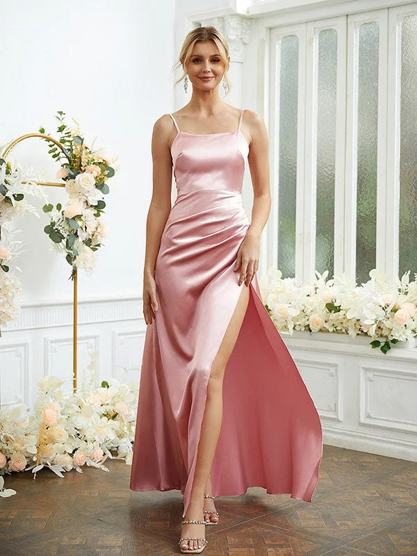 Sheath/Column  Woven Satin Ruched Spaghetti Straps Sleeveless Floor-Length Bridesmaid Dresses Lightweight unclassified dresses