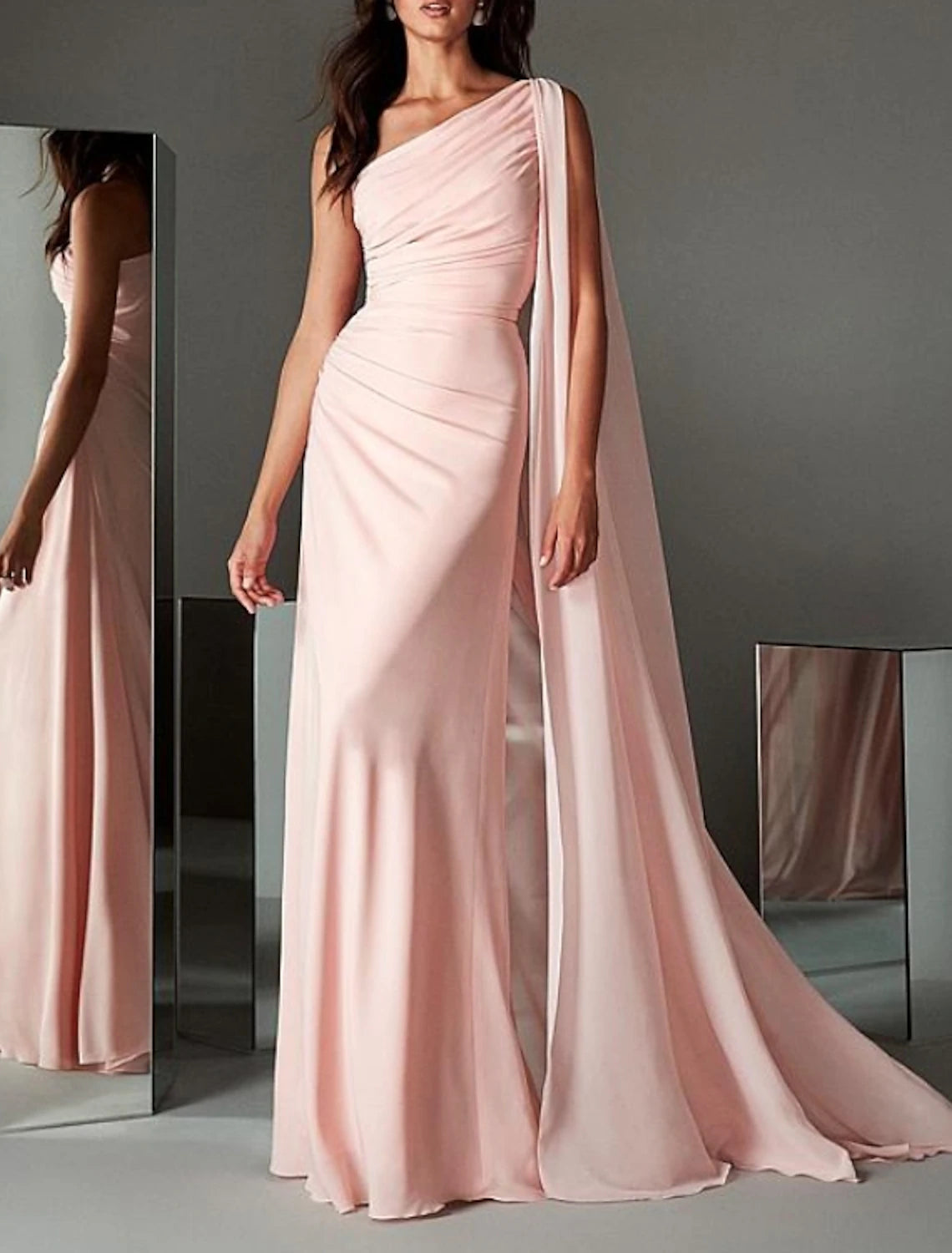 Sheath / Column Evening Gown Elegant Dress Engagement Formal Evening Sweep / Brush Train Sleeveless One Shoulder Chiffon with Sleek Spring unclassified dresses