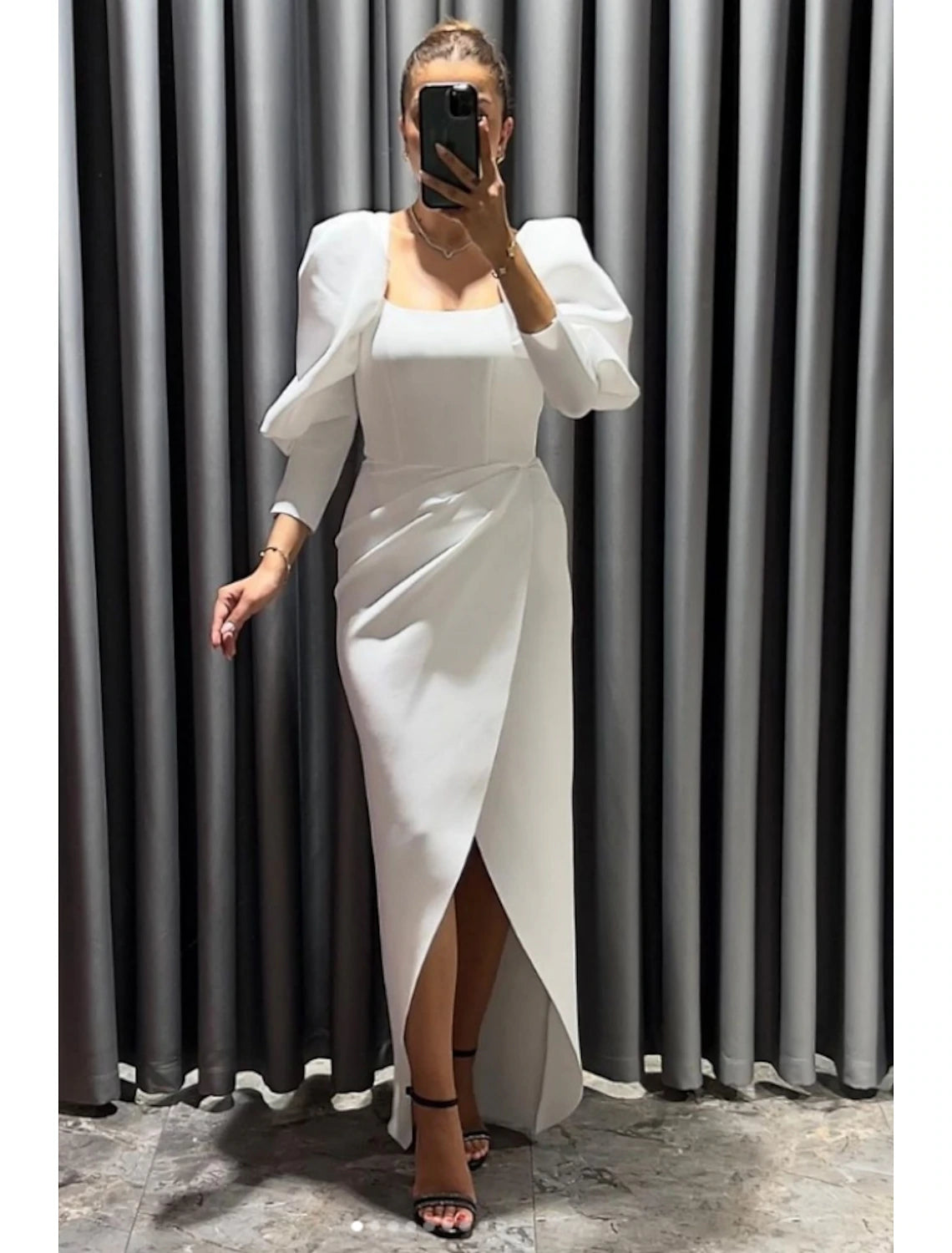 Sheath / Column Evening Gown Elegant Dress Formal Fall Asymmetrical 3/4 Length Sleeve Square Neck Stretch Fabric with Ruched Slit Wedding guest unclassified dresses