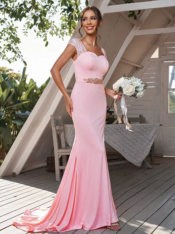 Sheath/Column Jersey Rhinestone Square Sleeveless Sweep/Brush Train Bridesmaid Dresses Soft fabric unclassified dresses