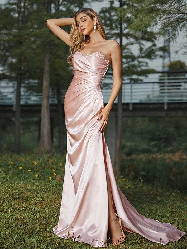 Sheath/Column Silk like Satin Ruched Sweetheart Sleeveless Sweep/Brush Train Bridesmaid Dresses Gothic unclassified dresses